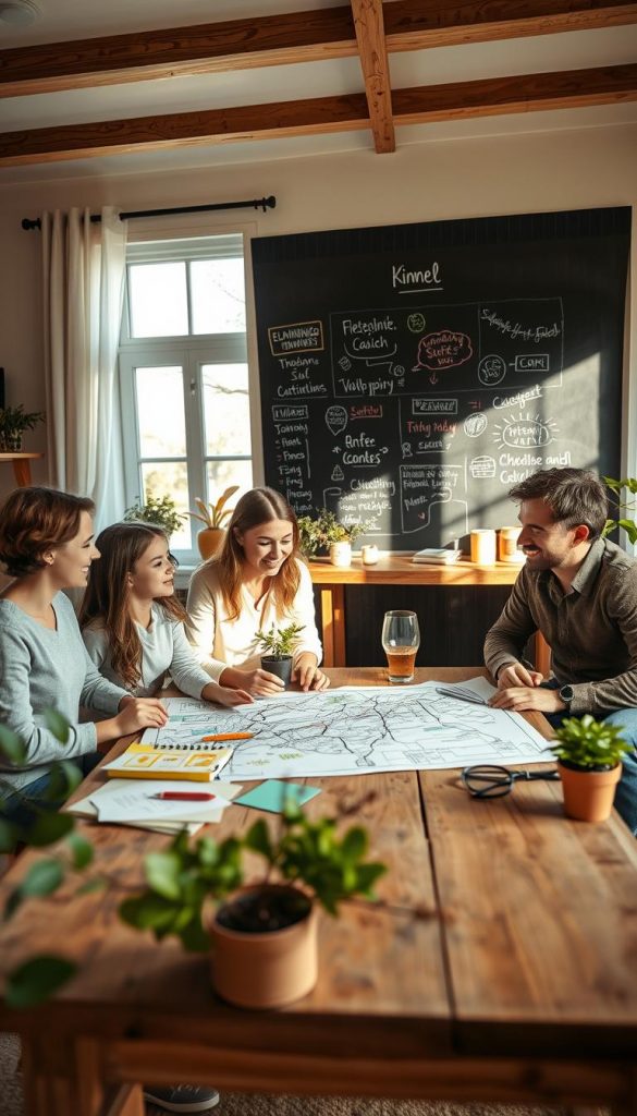 A serene scene capturing a family planning outdoor activities together in a cozy, sunlit living room. In the foreground, a diverse family of four is gathered around a rustic wooden table covered with colorful sketches and notes, their expressions radiating joy and collaboration. The mother, wearing a light, casual outfit, is pointing at a map while the father, dressed in a smart-casual style, takes notes. In the middle ground, soft morning light pours in through large windows adorned with light, airy curtains, illuminating potted plants that bring life to the room. The background features a large chalkboard filled with vibrant ideas for seasonal activities, creating a warm and inviting atmosphere. The overall mood is inspiring and stress-free, embodying the essence of "Planung ohne Stress," showcasing a natural DIY aesthetic with warm colors. The image reflects the ethos of "KlickKiste."