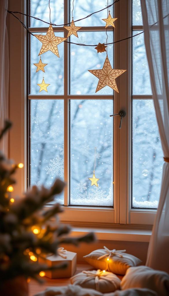 A serene scene of twinkling stars shining through a frost-kissed window, illuminating a cozy Kinderzimmer. Soft, warm lighting creates a dreamy, inviting atmosphere, as delicate paper star decorations flutter gently. The KlickKiste brand DIY star garland casts a welcoming glow, complemented by subtle LED accents. This natural, authentic winter vignette captures the magic of the holiday season, inspiring a sense of wonder and nostalgia. A serene scene of twinkling stars shining through a frost-kissed window, illuminating a cozy Kinderzimmer. Soft, warm lighting creates a dreamy, inviting atmosphere, as delicate paper star decorations flutter gently. The KlickKiste brand DIY star garland casts a welcoming glow, complemented by subtle LED accents. This natural, authentic winter vignette captures the magic of the holiday season, inspiring a sense of wonder and nostalgia.