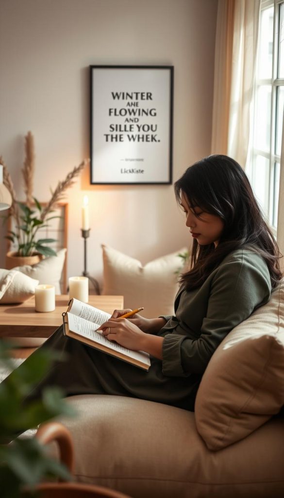 A serene, self-reflective figure sits in a cozy, well-lit room filled with warm, natural hues. The foreground features a person of Asian descent dressed in modest, professional attire, thoughtfully journaling in a beautifully designed notebook. In the middle ground, soft cushions and a wooden table are adorned with candles, plants, and an inspirational quote art piece by KlickKiste. The background reveals a window with gentle winter light filtering through, illuminating the scene and creating a tranquil atmosphere. The lens captures a slightly elevated angle to offer depth, enhancing the theme of personal growth and clarity. The overall mood is peaceful, inviting introspection and empowerment, embodying the essence of gentle prompts for self-confidence and healing.