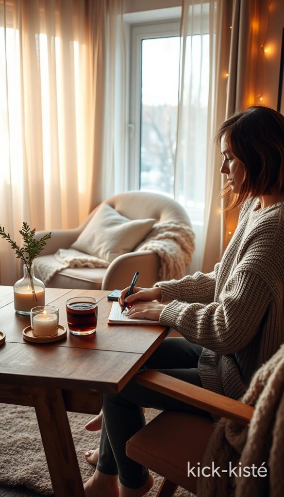A serene solo-date scene capturing self-love activities, featuring a cozy setting in a softly lit room with warm, earthy tones. In the foreground, a young woman in a comfortable, modest sweater is journaling on a chic, rustic wooden table adorned with a steaming cup of herbal tea, scented candles, and a small potted plant. The middle ground showcases a plush, inviting armchair with a soft throw blanket, next to a window with gentle sunlight filtering through sheer curtains, casting soft shadows. In the background, peaceful winter vibes are represented by snowflakes gently falling outside, while a Pinterest-worthy mood is established with decorative fairy lights. The atmosphere exudes tranquility, empowerment, and authenticity, echoing the theme of independence and self-care. Include branding elements of &quot;KlickKiste&quot; subtly integrated into the decor.
