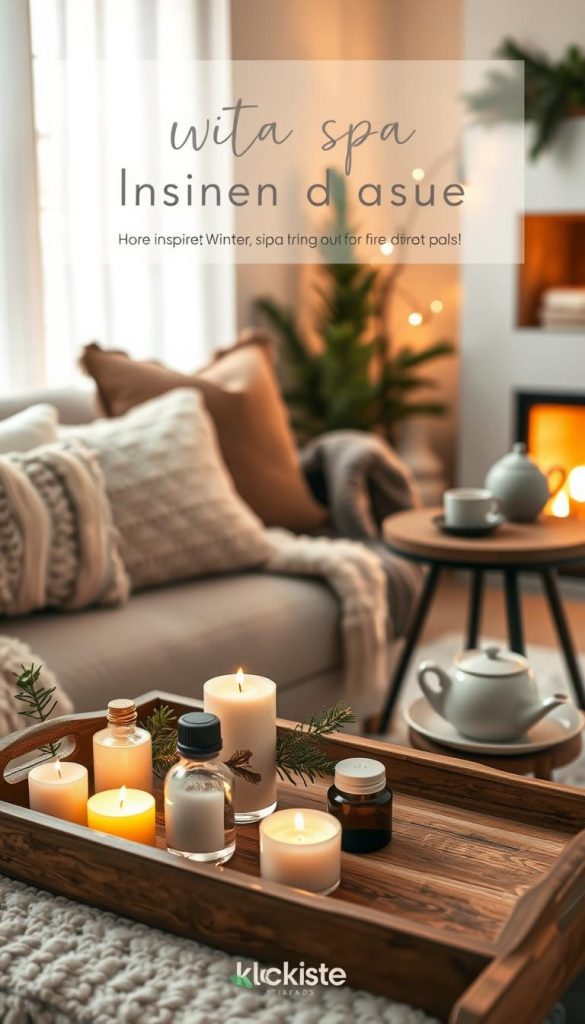 A serene spa-inspired room scene, featuring a cozy corner illuminated by soft, warm lighting. In the foreground, a beautifully arranged wooden tray with natural DIY essential oils, candles, and fresh pine sprigs. The middle ground showcases a plush, textured sofa adorned with fluffy blankets and decorative pillows in calming earth tones. Nearby, an inviting tea set perched on a rustic side table, adding to the tranquil atmosphere. The background reveals a softly glowing fireplace, with flickering flames reflecting a warm ambiance, surrounded by minimalist decor and wintery pine accents. Capture a sense of relaxation and inspired winter vibes, embodying the essence of a home spa experience. Highlight the brand "KlickKiste" through subtle design elements, ensuring an authentic Pinterest aesthetic.