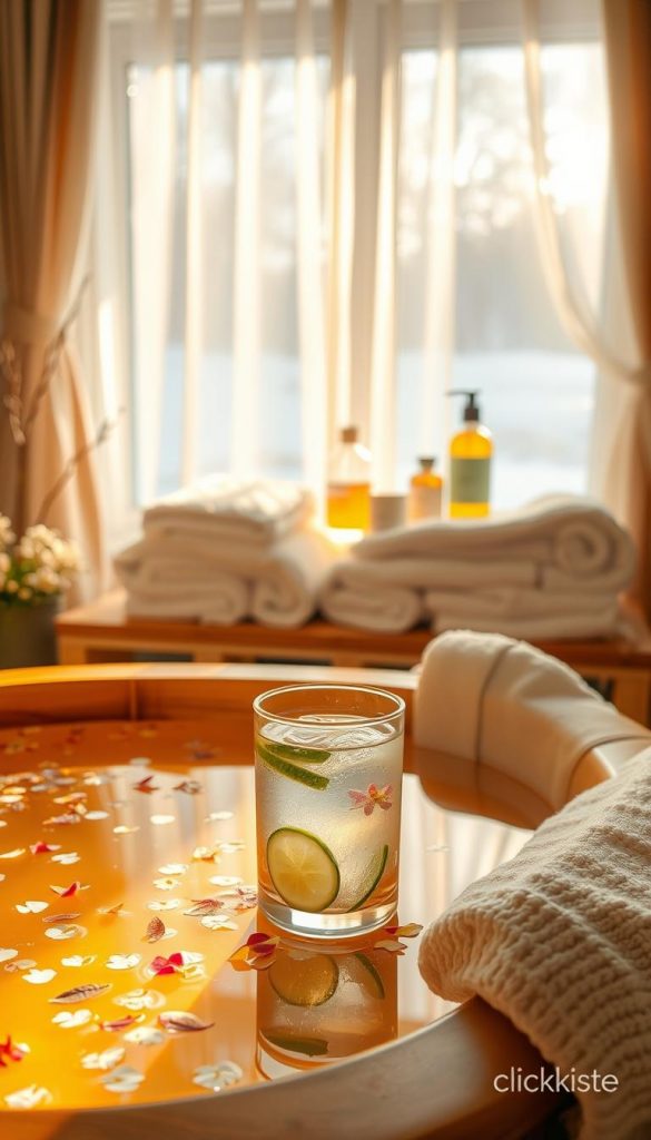 A serene spa scene evoking a cozy &quot;Spa Day Water&quot; atmosphere. In the foreground, a softly lit wooden bath filled with warm, shimmering water, scattered with delicate flower petals and calming herbal tea infusions. A glass of fresh cucumber water rests on the edge of the bath, accentuating tranquility. In the middle ground, white fluffy towels are neatly arranged alongside natural DIY skincare products made from organic ingredients, creating an inviting spa environment. The background features a softly illuminated window with sheer curtains that allow gentle golden sunlight to stream in, casting a warm glow. The atmosphere radiates relaxation and mindfulness, perfect for a girls' spa day at home. This image incorporates natural DIY aesthetics with warm colors and soft winter vibes, inspired by Pinterest, branded with &quot;KlickKiste.&quot;