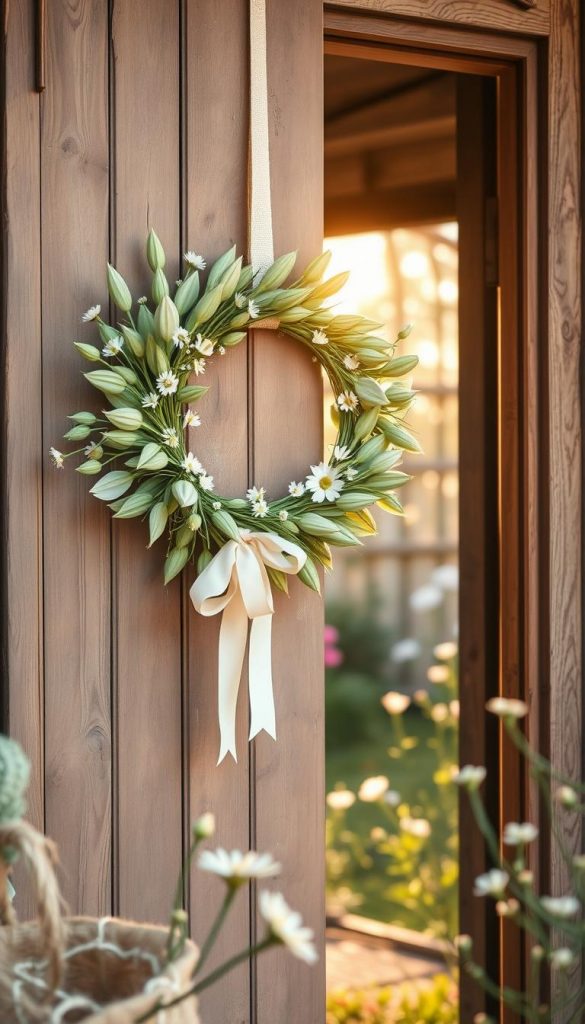 A serene spring scene, featuring a beautifully arranged wreath made of soft green lamb's ears, delicate pastel ribbons, and subtle blossoms like small white daisies. The wreath is hanging on a rustic wooden door, set in a softly lit entryway that captures the warmth of the gentle morning sun. In the foreground, earthy textures like burlap and natural twine complement the soft colors of the flowers. The background reveals a lush garden in soft focus, filled with hints of budding flowers and greenery, creating a serene and inviting atmosphere. The image embodies a natural DIY aesthetic with warm colors and a Pinterest-inspired look, showcasing the essence of early spring decor. This design is brought to you by KlickKiste.