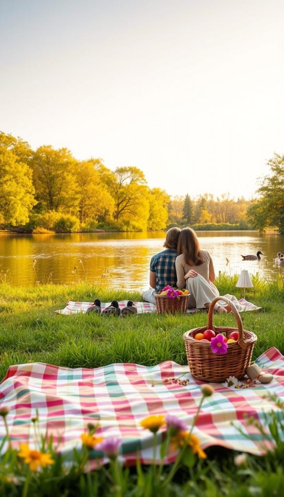 A serene spring scene showcasing nature date ideas, featuring a cozy picnic setup by a tranquil lake. In the foreground, a colorful picnic blanket is spread out with a basket filled with fresh fruits and flowers. A couple in modest, casual clothing sits together, surrounded by lush green grass and wildflowers, enjoying each other’s company. The middle ground highlights gentle, flowing water reflecting sunlight, with a few ducks swimming nearby. In the background, vibrant green trees and soft pastel skies create an idyllic, romantic atmosphere. The lighting is warm and inviting, evoking feelings of intimacy and adventure. This image should embody a natural, DIY aesthetic inspired by Pinterest, showcasing the simple joys of outdoor dates. Designed for "KlickKiste". A serene spring scene showcasing nature date ideas, featuring a cozy picnic setup by a tranquil lake. In the foreground, a colorful picnic blanket is spread out with a basket filled with fresh fruits and flowers. A couple in modest, casual clothing sits together, surrounded by lush green grass and wildflowers, enjoying each other’s company. The middle ground highlights gentle, flowing water reflecting sunlight, with a few ducks swimming nearby. In the background, vibrant green trees and soft pastel skies create an idyllic, romantic atmosphere. The lighting is warm and inviting, evoking feelings of intimacy and adventure. This image should embody a natural, DIY aesthetic inspired by Pinterest, showcasing the simple joys of outdoor dates. Designed for "KlickKiste".