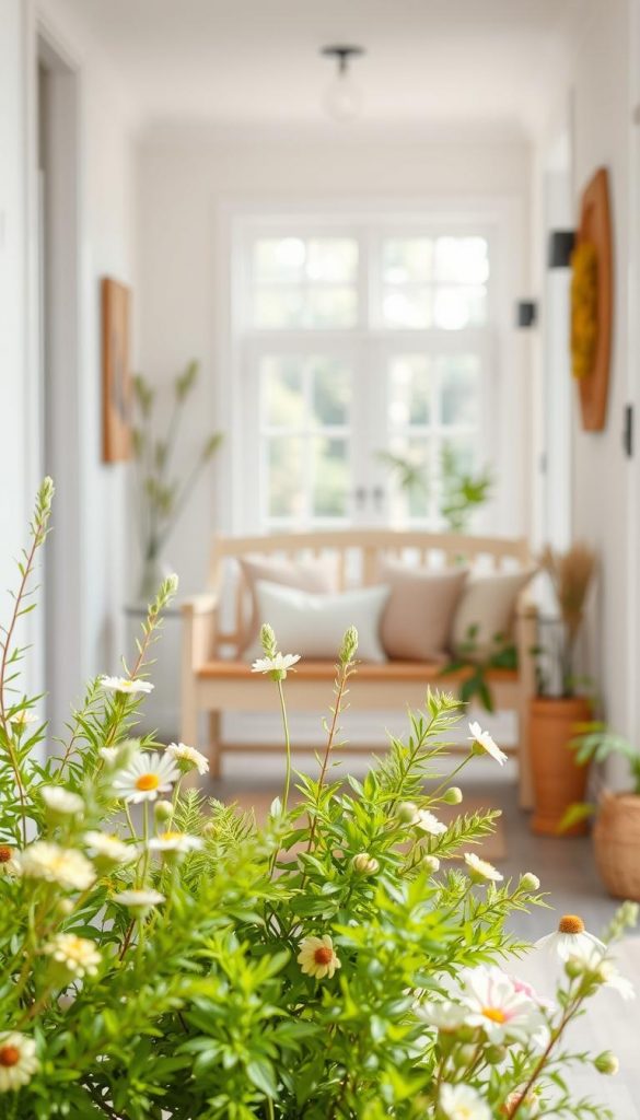 A serene spring scene showcasing vibrant greenery, perfect for enhancing a welcoming entryway. In the foreground, a variety of lush green plants like ferns and blossoming wildflowers in shades of fresh green and soft pastels. The middle ground features a light, wooden bench adorned with decorative pillows in soft, inviting colors, creating a cozy spot. Behind it, a soft-focus backdrop reveals a sunlit hallway lined with light-colored walls and natural light pouring in from large windows, creating a warm and airy atmosphere. The lighting is soft and diffused, evoking a sense of tranquility and renewal. This image embodies a natural DIY look with warm tones, inspired by KlickKiste, perfect for spring decor ideas.