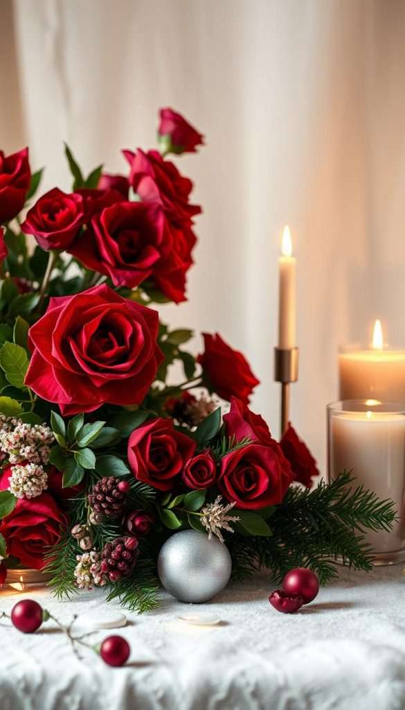 A serene still life of vibrant "farben" (colors) against a soft, ethereal backdrop. In the foreground, a lush display of velvety crimson blooms and verdant foliage, their richness accentuated by warm, golden lighting. In the middle ground, a tranquil arrangement of silvery candles and delicate white accents, casting a gentle, luminous glow. The background fades into a hazy, dreamy atmosphere, hinting at a cozy, winter-inspired setting. Soft, diffused shadows and a sense of depth create a harmonious, inviting composition that evokes a mood of festive elegance and natural beauty. A serene still life of vibrant "farben" (colors) against a soft, ethereal backdrop. In the foreground, a lush display of velvety crimson blooms and verdant foliage, their richness accentuated by warm, golden lighting. In the middle ground, a tranquil arrangement of silvery candles and delicate white accents, casting a gentle, luminous glow. The background fades into a hazy, dreamy atmosphere, hinting at a cozy, winter-inspired setting. Soft, diffused shadows and a sense of depth create a harmonious, inviting composition that evokes a mood of festive elegance and natural beauty.