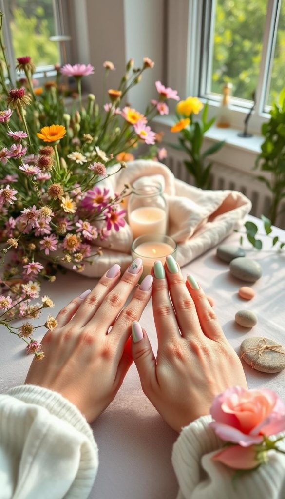 A serene tabletop setting showcasing beautifully manicured spring gel nails in soft pastel colors like lavender, mint green, and peach. The foreground features a pair of elegant hands adorned with delicate floral nail art, set against a background of vibrant wildflowers and lush greenery, capturing the essence of spring. The middle layer includes small details like a cozy throw blanket, a candle, and a few artfully arranged stones, enhancing the warm, inviting atmosphere. The soft, natural light filters through nearby windows, creating gentle shadows and a dreamy glow. This composition should resonate with a Pinterest aesthetic, radiating authenticity and inspiration, reflecting the warm vibes of KlickKiste.
