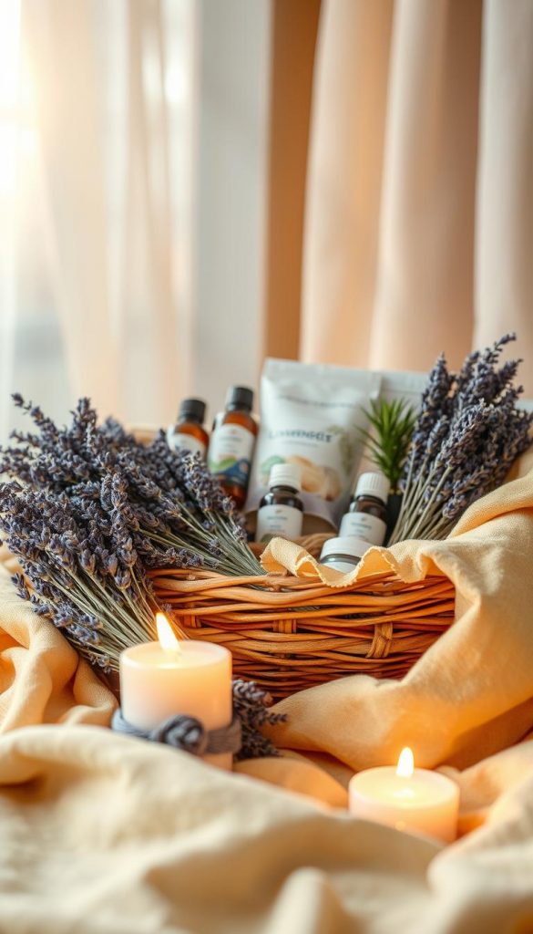 A serene wellness scene featuring bundles of dried lavender elegantly arranged in a rustic wooden basket, surrounded by warm, soft-colored fabrics. In the foreground, a gently flickering candle illuminates the lavender's soothing hues, creating a calming atmosphere. The middle layer showcases various wellness items such as essential oil bottles, herbal tea blends, and a small potted lavender plant, all harmoniously placed to inspire relaxation. The background features a softly lit window with sheer curtains, allowing natural sunlight to filter through, enhancing the tranquil vibe. The overall color palette embodies warm tones of lavender, pale yellows, and earthy greens, promoting a sense of peace and self-care. This image embodies the essence of KlickKiste’s DIY wellness gift basket concept, perfect for Valentine’s Day.