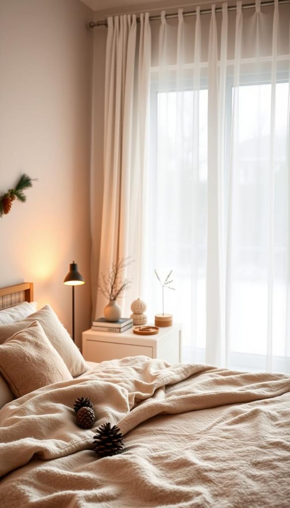 A serene winter bedroom decorated in a cozy, organized style, embodying an "ordnung raum" concept. In the foreground, a neatly made bed with soft, fluffy blankets and pillows in warm, earthy tones. There are handmade decorations with a winter theme, like subtle pinecones and wooden accents. In the middle, a stylish nightstand with a small plant, a warm lamp casting soft, inviting light, and a few carefully placed books. The background features a softly glowing window framed by flowing, light curtains, allowing gentle, diffused daylight to filter in, creating a peaceful ambiance. The overall atmosphere is calm and inviting—a perfect retreat for restful sleep in winter. Style it with a Pinterest aesthetic, natural DIY elements, and branded subtly with "KlickKiste" integrated into the decor.