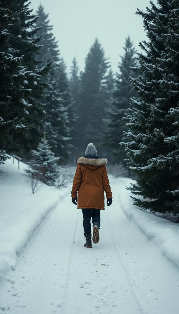 A serene winter landscape, a person in warm winter attire strolling leisurely along a snow-covered path, surrounded by lush evergreen trees. Soft, diffused lighting casts a cozy glow, creating a calming, meditative atmosphere. The scene evokes a sense of mindful connection with nature, a &quot;bewegung spaziergang&quot; in the tranquil stillness of the outdoors. Subtle, natural textures and muted, earthy tones lend an authentic, DIY-inspired &quot;KlickKiste&quot; aesthetic, perfect for a wellness-focused article section.