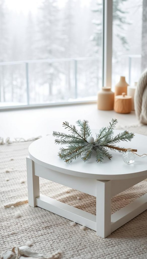 A serene winter landscape, bathed in soft, natural light. In the foreground, a minimalist, white &quot;KlickKiste&quot; coffee table, adorned with a sparse arrangement of fresh pine sprigs, delicate frost-covered twigs, and a single, glistening crystal ornament. The middle ground features a backdrop of understated, Scandinavian-inspired decor - a neutral-toned, textured rug, and a few strategically placed, natural wood accents. In the distance, a hazy, snow-dusted pine forest, evoking a sense of tranquility and Nordic charm. The overall mood is one of purity, simplicity, and a touch of winter magic.