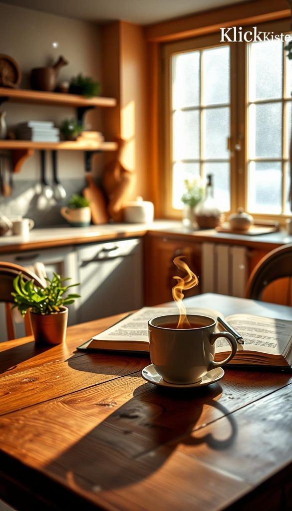 A serene winter morning scene showcasing a cozy DIY ritual. In the foreground, a beautifully set wooden table displays a steaming cup of herbal tea, an open journal with a pen, and a small potted plant, all illuminated by soft morning light. The middle layer features a warm, inviting kitchen with rustic decor, reflecting a Pinterest-worthy aesthetic. Natural light streams in through a frosted window, casting gentle shadows on the walls. In the background, soft snowflakes fall softly outside, creating a peaceful atmosphere. The color palette is warm and inviting, with earthy tones and hints of greenery, embodying inspiration and tranquility. Overall, the image conveys a sense of rejuvenation and positivity, perfect for a self-improvement theme. Branding elements of &quot;KlickKiste&quot; subtly integrated into the decor for authenticity.