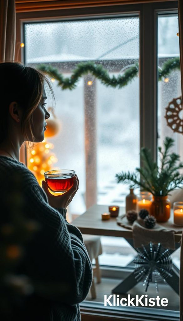 A serene winter scene capturing the concept of "FOMO entschärfen" with a cozy, inviting atmosphere. In the foreground, a person in modest casual clothing sips herbal tea, gazing thoughtfully out a frosted window, surrounded by lush, warm-colored DIY decorations. The middle ground features a softly lit room with a rustic wooden table, adorned with calming elements like candles and plants, evoking a sense of peace. The background showcases gently falling snow outside, adding to the tranquil ambiance. The lighting is warm and inviting, akin to a Pinterest aesthetic, conveying a mood of reflection and contentment. The composition should feel authentic and inspiring, while subtly incorporating the brand name "KlickKiste" through stylish home decor elements. A serene winter scene capturing the concept of "FOMO entschärfen" with a cozy, inviting atmosphere. In the foreground, a person in modest casual clothing sips herbal tea, gazing thoughtfully out a frosted window, surrounded by lush, warm-colored DIY decorations. The middle ground features a softly lit room with a rustic wooden table, adorned with calming elements like candles and plants, evoking a sense of peace. The background showcases gently falling snow outside, adding to the tranquil ambiance. The lighting is warm and inviting, akin to a Pinterest aesthetic, conveying a mood of reflection and contentment. The composition should feel authentic and inspiring, while subtly incorporating the brand name "KlickKiste" through stylish home decor elements.