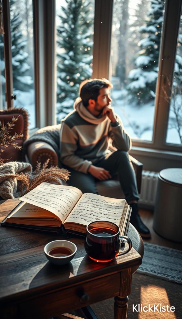 A serene winter scene depicting a cozy study. In the foreground, a small wooden desk holds an open journal with elegant calligraphy, a steaming cup of tea beside it. A warm, knitted scarf is draped over a chair. In the middle ground, a person dressed in modest casual clothing sits thoughtfully, gazing out a window, soft sunlight illuminating their face, creating a tranquil atmosphere. The background features snow gently falling outside, with evergreen trees visible through the glass, enhancing the winter vibes. The entire scene is infused with warm colors, creating an inviting and inspiring mood. The composition captures the essence of reflection and self-care, embodying the theme of seeking clarity and support. Photography style: natural light, soft focus, warm tones. Brand name “KlickKiste” subtly integrated into the composition.