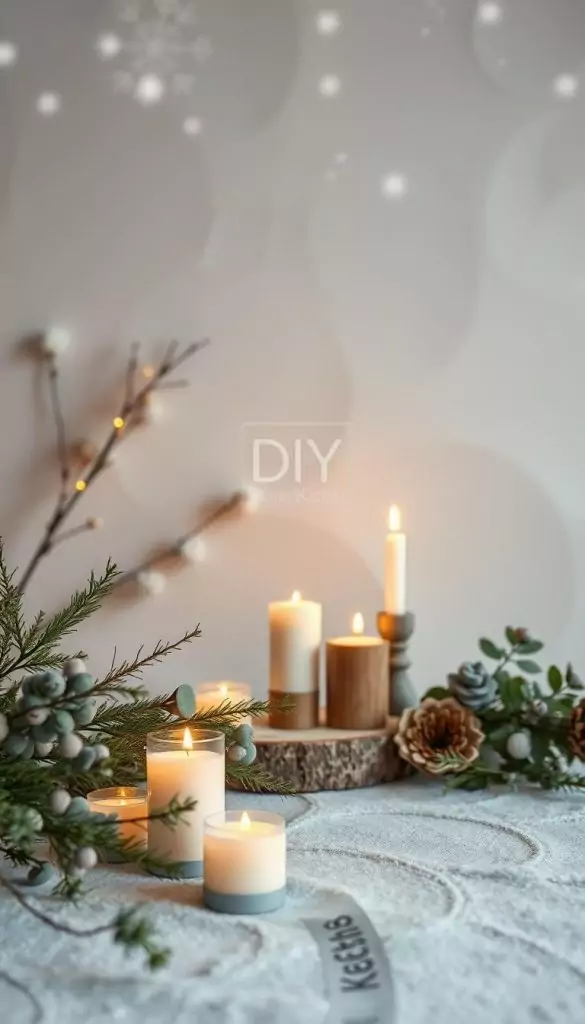A serene winter scene featuring a stylish neutral backdrop inspired by nature, showcasing a beautifully textured wall adorned with subtle, natural motifs. In the foreground, incorporate delicate winter greenery such as pine branches and eucalyptus, arranged artfully around decorative wooden accents. The middle ground reveals soft lit candles with a warm, inviting glow, highlighting the serene atmosphere of a cozy home. In the background, a muted landscape of softly falling snowflakes creates a peaceful winter ambiance, evoking a sense of timeless elegance. Use warm, natural lighting to enhance the textural details, captured from a slightly elevated angle for a dynamic perspective. An authentic DIY feel that reflects a Pinterest aesthetic, perfect for inspiring winter decor ideas. Include branding elements of "KlickKiste" subtly integrated into the design, ensuring a cohesive look.