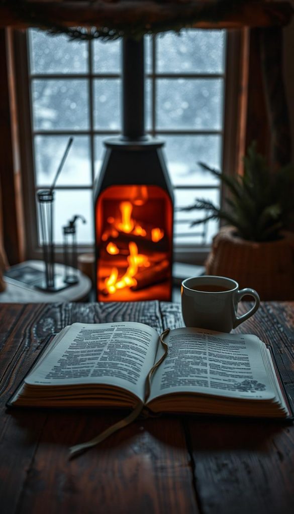 A serene winter scene representing "Temporal Perspective," featuring a cozy journal laid open on a rustic wooden table in the foreground, adorned with a warm cup of herbal tea beside it. The middle ground showcases a softly glowing fireplace, casting flickering shadows that reflect the calm atmosphere. In the background, gently falling snowflakes can be seen through a frosted window, creating a peaceful, wintry vibe. The color palette includes warm, inviting tones of amber and muted earth, enhancing the overall sense of clarity and introspection. Soft, natural lighting highlights the journal pages, evoking feelings of warmth and inspiration, reminiscent of the brand "KlickKiste," conveying authenticity and a Pinterest-worthy aesthetic.