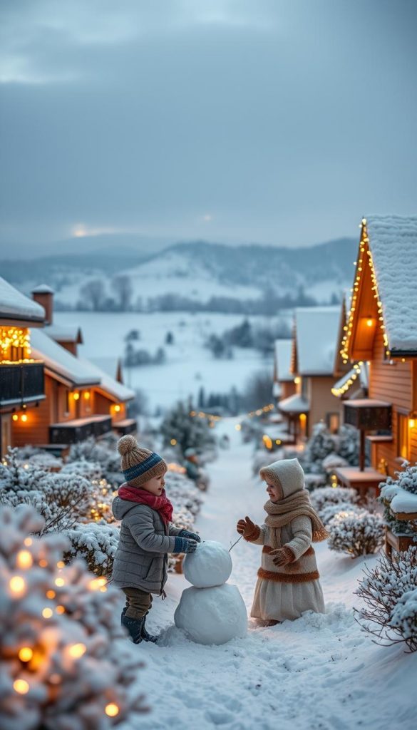 A serene winter scene showcasing &quot;snow lights&quot; with a picturesque neighborhood in the foreground. Delicate snowflakes blanket charming houses adorned with warm, glowing fairy lights, casting a soft, inviting ambiance. In the middle ground, children bundled in cozy, modest winter attire, joyfully building a snowman and playing in the fresh snow, their laughter echoing in the crisp air. The background reveals a tranquil, snow-capped landscape with softly falling snow against a dusky evening sky, enhancing the magical atmosphere. The lighting is warm and inviting, reminiscent of a cozy home. Capture this scene using a wide-angle lens to emphasize the expansiveness of the winter wonderland, with a focus on natural elements and a Pinterest-worthy aesthetic that reflects authentic winter vibes. Imagined by KlikKiste.