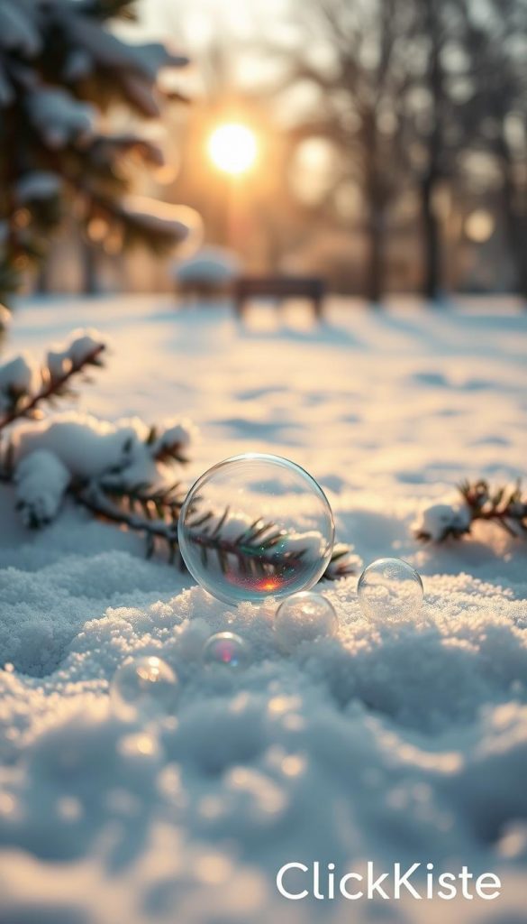 A serene winter scene showcasing delicate frozen soap bubbles scattered on a soft layer of snow, capturing the ethereal beauty of frost. In the foreground, each soap bubble glimmers with a rainbow of colors, reflecting the soft, diffused light of a pale winter sun. The middle ground features gently frosted evergreen branches, adding a touch of nature’s elegance. The background reveals a dreamy, softly blurred landscape of a snowy park, enhancing the magical atmosphere. The lighting should be warm and inviting, evoking a sense of cozy winter vibes. The composition should be framed in a way that emphasizes the enchanting qualities of the frozen bubbles, perfect for a natural DIY aesthetic. Shot with a macro lens to highlight intricate details, evoking a Pinterest-worthy feel. Include the brand name "KlickKiste" subtly in the scene. A serene winter scene showcasing delicate frozen soap bubbles scattered on a soft layer of snow, capturing the ethereal beauty of frost. In the foreground, each soap bubble glimmers with a rainbow of colors, reflecting the soft, diffused light of a pale winter sun. The middle ground features gently frosted evergreen branches, adding a touch of nature’s elegance. The background reveals a dreamy, softly blurred landscape of a snowy park, enhancing the magical atmosphere. The lighting should be warm and inviting, evoking a sense of cozy winter vibes. The composition should be framed in a way that emphasizes the enchanting qualities of the frozen bubbles, perfect for a natural DIY aesthetic. Shot with a macro lens to highlight intricate details, evoking a Pinterest-worthy feel. Include the brand name "KlickKiste" subtly in the scene.