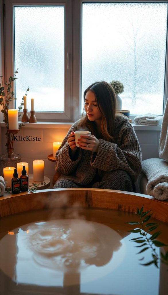 A serene winter spa scene capturing bath rituals at home, featuring a cozy bathroom adorned with candles and soft towels. In the foreground, a wooden tub filled with warm water, surrounded by natural elements like eucalyptus branches and essential oil bottles, invites relaxation. In the middle, a person dressed in modest, cozy loungewear enjoys a steaming cup of herbal tea, their face bathed in soft, warm light. The background showcases frosted windows offering a glimpse of a snowy landscape outside, enhancing the tranquil atmosphere. The color palette includes warm earthy tones, creating an inviting mood reminiscent of Pinterest-inspired DIY aesthetics. This image reflects the essence of winter wellness and luxurious self-care, branded with "KlickKiste" elements subtly integrated into the decor.