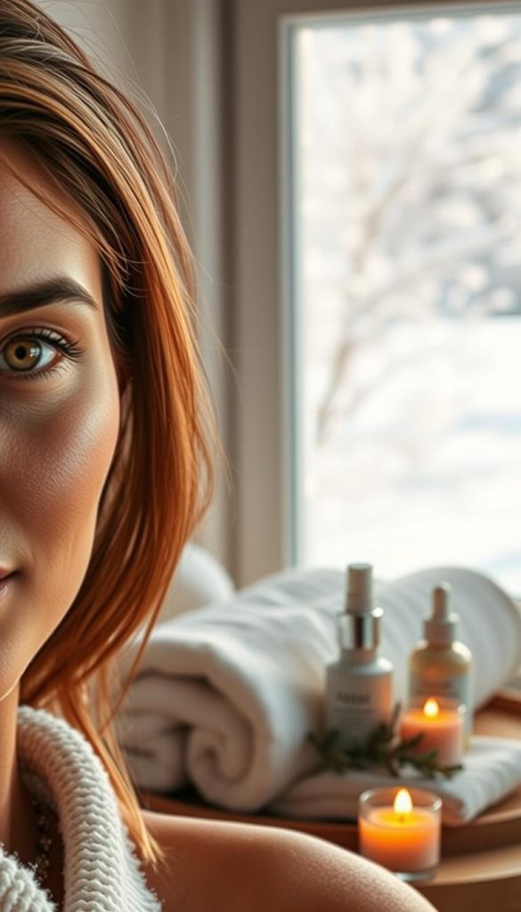 A serene winter spa setting, focusing on a close-up of a woman's face, showcasing gentle, natural skincare applications. The foreground highlights the woman's glowing skin, accentuated by soft, warm lighting that evokes a cozy atmosphere. Her hair is elegantly styled, framing her face, with a hint of shimmering winter highlights. In the middle, a selection of DIY skincare products and lip therapies is artfully arranged, surrounded by soft textures like plush towels and natural elements such as pine branches or candles that radiate warmth. The background features a softly blurred window revealing a snowy landscape, creating a tranquil, inviting mood. The overall aesthetic is inspired by Pinterest, with a harmonious blend of warm colors and authentic, calming winter vibes, embodying the essence of "KlickKiste".