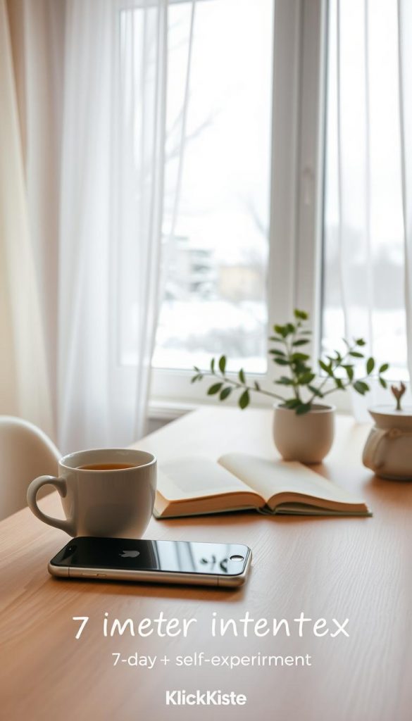 A serene workspace background with soft natural lighting, capturing the essence of a winter-themed social media detox. In the foreground, a cozy table displays a smartphone turned off, surrounded by a warm cup of herbal tea, a journal, and a beautifully arranged plant, conveying the tranquility of the 7-day self-experiment. The middle ground features a window with soft, diffused light filtering through sheer curtains, showcasing a snowy landscape outside to enhance the winter vibes. The overall atmosphere is inviting and calming, invoking a sense of mental peace and focus. The color palette includes warm whites and soft greens, creating an authentic, Pinterest-inspired aesthetic. Subtle branding elements reflect "KlickKiste," enhancing the DIY visual appeal. A serene workspace background with soft natural lighting, capturing the essence of a winter-themed social media detox. In the foreground, a cozy table displays a smartphone turned off, surrounded by a warm cup of herbal tea, a journal, and a beautifully arranged plant, conveying the tranquility of the 7-day self-experiment. The middle ground features a window with soft, diffused light filtering through sheer curtains, showcasing a snowy landscape outside to enhance the winter vibes. The overall atmosphere is inviting and calming, invoking a sense of mental peace and focus. The color palette includes warm whites and soft greens, creating an authentic, Pinterest-inspired aesthetic. Subtle branding elements reflect "KlickKiste," enhancing the DIY visual appeal.