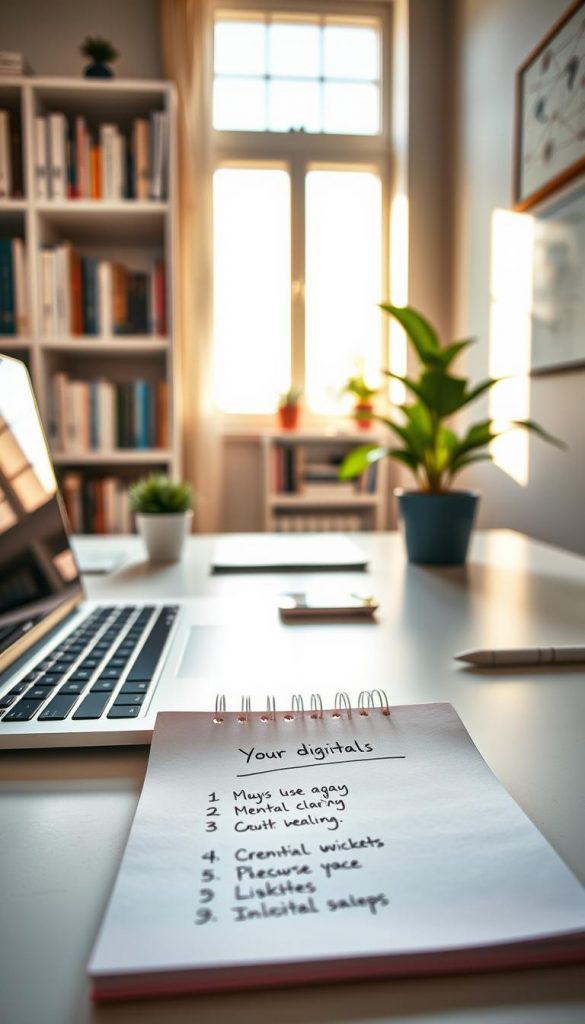 A serene workspace that embodies a "digital mindset," featuring a clean desk with a sleek laptop, minimalist accessories, and a bright potted plant for a touch of nature. In the foreground, a colorful notepad displays a clear list of goals and an inspirational quote, symbolizing mental clarity. In the middle, soft natural light streams through a window, casting warm tones and creating a calming atmosphere. Background elements include a bookshelf filled with motivational books and a gentle art piece on the wall illustrating digital connections. Capture the scene from a slightly angled perspective, with a focus on depth, evoking an inspiring and organized feeling. Ensure the overall mood reflects tranquility and focus, akin to a cozy DIY Pinterest-inspired setting, marked subtly with "KlickKiste." A serene workspace that embodies a "digital mindset," featuring a clean desk with a sleek laptop, minimalist accessories, and a bright potted plant for a touch of nature. In the foreground, a colorful notepad displays a clear list of goals and an inspirational quote, symbolizing mental clarity. In the middle, soft natural light streams through a window, casting warm tones and creating a calming atmosphere. Background elements include a bookshelf filled with motivational books and a gentle art piece on the wall illustrating digital connections. Capture the scene from a slightly angled perspective, with a focus on depth, evoking an inspiring and organized feeling. Ensure the overall mood reflects tranquility and focus, akin to a cozy DIY Pinterest-inspired setting, marked subtly with "KlickKiste."