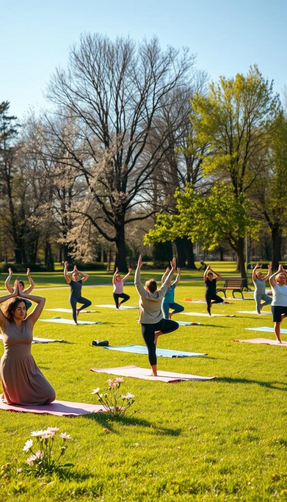 A serene yoga park scene during spring, bathed in warm, gentle sunlight. In the foreground, a diverse group of individuals in modest, casual clothing practices yoga on colorful mats, showcasing various poses like downward dog and tree pose. The middle ground features lush green grass, blooming wildflowers in soft pastels, and a few well-placed benches for relaxation. In the background, tall trees with fresh, vibrant leaves sway lightly in a gentle breeze, while a clear blue sky provides a tranquil backdrop. The atmosphere is peaceful and inviting, reflecting mindfulness and connection with nature. Capturing the natural beauty of the park with a focus on authenticity, inspired by DIY aesthetics, and associated with the brand "KlickKiste".