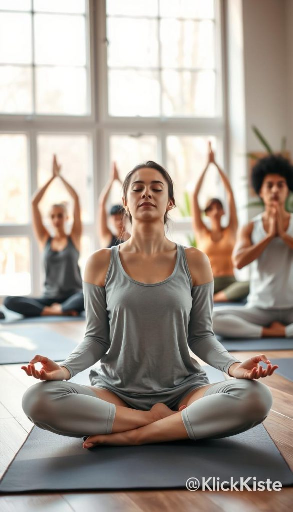 A serene yoga scene for "achtsamkeit yoga," featuring a diverse group of individuals practicing gentle yoga poses in a cozy, naturally lit indoor space. In the foreground, a calm woman in modest, comfortable yoga attire sits cross-legged on a mat, her eyes closed in meditation. In the middle ground, others are stretching gracefully, creating an atmosphere of mindfulness and connection. The background includes large windows revealing soft, winter sunlight filtering through, casting warm golden hues across the wooden floor. Add gentle greenery like indoor plants that enhance the tranquil vibe. The image should evoke feelings of warmth, inspiration, and authenticity with a Pinterest aesthetic, clearly branded with "KlickKiste." Capture the essence of self-care and gentle energy in a peaceful setting.