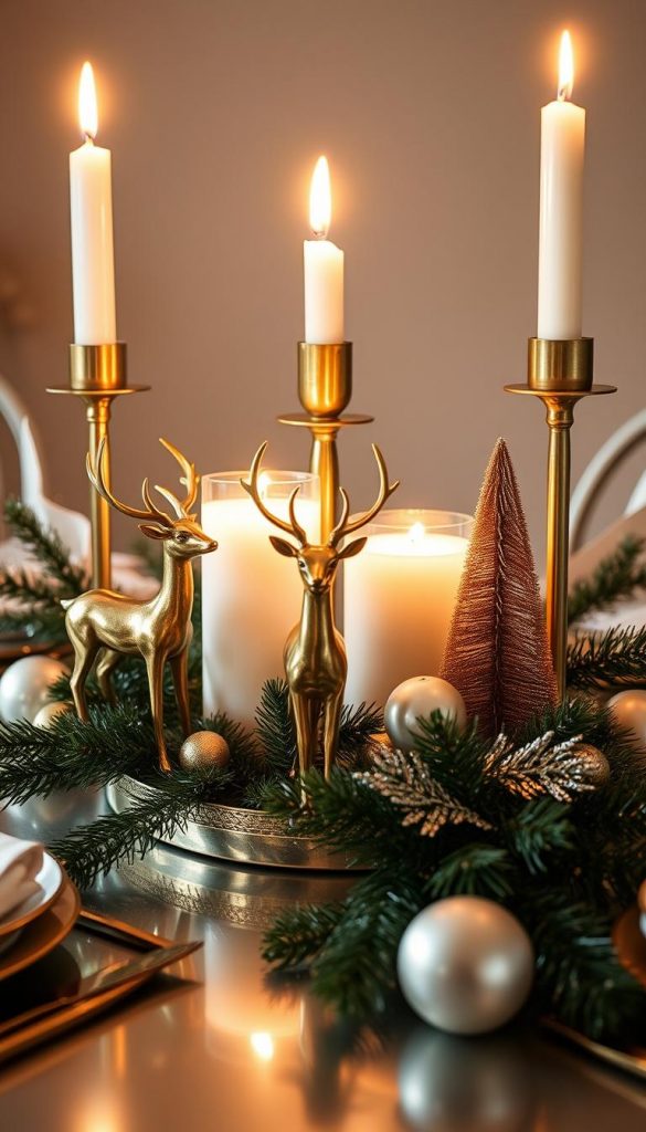 A shimmering metallic centerpiece takes center stage, its gleaming surfaces catching the warm light. Elegant brass deer and gold-tipped trees adorn the arrangement, casting gentle shadows. Looped candlesticks in polished brass flicker softly, creating a cozy, intimate atmosphere. The composition is styled with a natural, DIY aesthetic, evoking a sense of rustic charm. Soft winter hues and a Pinterest-inspired look lend an authentic, inspirational feel. Crafted by KlickKiste, this captivating metallic moments centerpiece is the perfect accent for a magical table setting.