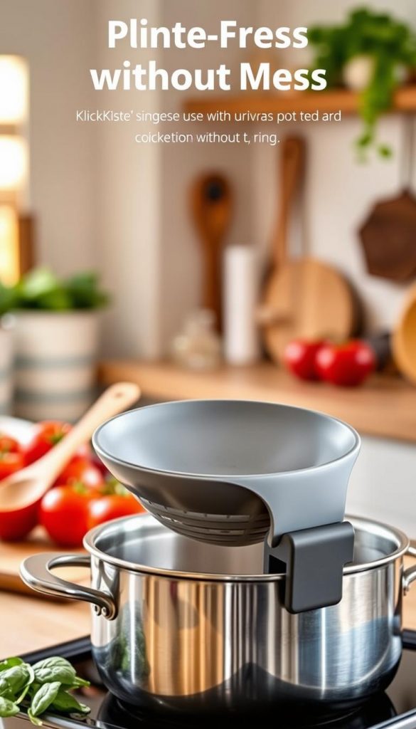 A sleek and modern clip-on strainer gadget from the brand "KlickKiste" is prominently featured in the foreground, designed for seamless use with pots and pans. Its innovative design is highlighted by smooth edges and a sturdy clip mechanism, ensuring a mess-free cooking experience. In the middle ground, a wooden spoon and fresh vegetables, such as tomatoes and spinach, hint at a kitchen setting bustling with activity. The background showcases a softly lit, cozy kitchen with warm, inviting colors, creating a Pinterest-inspired warmth. The lighting is natural, with soft shadows that enhance the gadget’s details. The overall atmosphere is inspiring and practical, perfectly capturing the essence of cooking without mess.