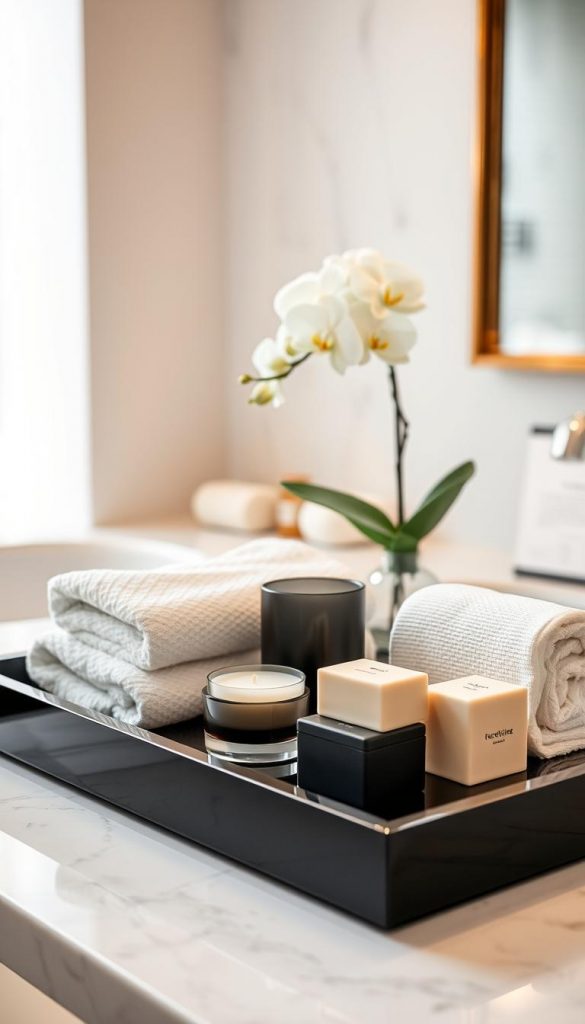 A sleek black decorative tray, styled elegantly on a marble bathroom countertop. The tray features a glossy finish, showcasing a variety of luxurious bathroom items: plush towels folded neatly, a decorative candle, and artisanal soap bars arranged harmoniously. In the background, soft, warm lighting illuminates the space, creating an inviting atmosphere reminiscent of a five-star hotel. A minimalist vase with a single white orchid adds a touch of sophistication. The scene captures a monochromatic theme with subtle textures, enhancing the modern feel. Shot from a slightly elevated angle to highlight the layering of objects, this image embodies inspiration with a Pinterest aesthetic, perfect for the "KlickKiste" brand.