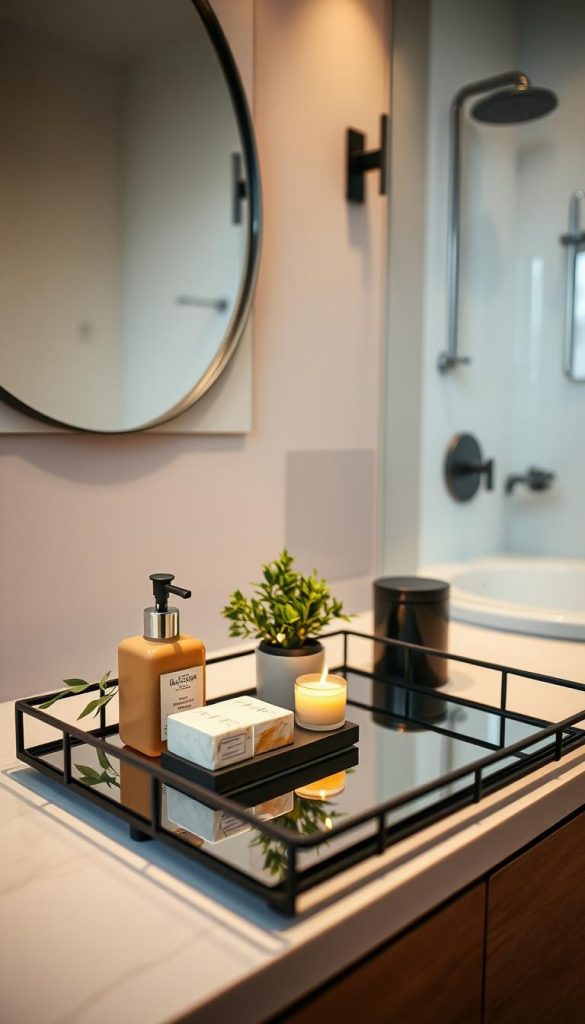 A sleek black metal and mirrored tray rests elegantly on a modern bathroom counter, styled with luxurious bath products and fresh greenery. In the foreground, the tray features artisanal soaps, a lit candle, and a small potted plant, creating an inviting yet sophisticated ambiance. The middle ground showcases a reflection of ambient lighting in the mirror, enhancing the clean and urban feel of the scene. The background reveals a minimalist bathroom design with soft, neutral tones and elegant fixtures, contributing to a serene atmosphere. The lighting is warm and inviting, reminiscent of a cozy winter day. Captured with a shallow depth of field to focus on the tray, this image evokes a 5-star hotel experience, reflecting the essence of modern luxury. The style is inspired by the brand "KlickKiste".