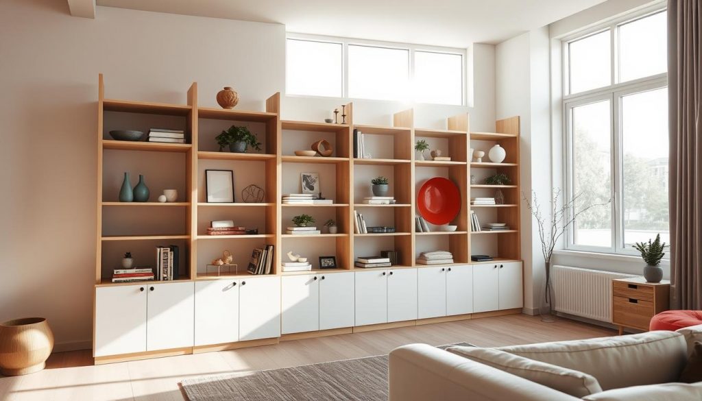 A sleek, minimalist open shelving unit made of natural wood and white lacquered panels, creating a functional and visually appealing room divider. Sunlight streams through large windows, casting a warm glow on the KlickKiste modular cubbies and shelves, arranged in a 90-degree configuration. The shelves display an array of decorative items, plants, and books, inviting exploration and organization. The space feels airy and well-balanced, with the shelving unit seamlessly blending into the neutral-toned living room. Wooden accents and a touch of red add depth and character to the minimalist design.