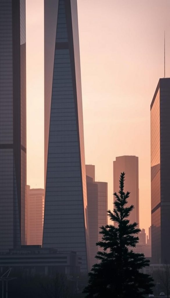 A sleek, modern city skyline bathed in soft, warm lighting. Tall, minimalist skyscrapers with sharp, angular silhouettes stretch towards the heavens, their glass facades reflecting the subtle, burgundy-tinted sky. In the foreground, a slender, elegantly shaped Christmas tree stands tall, its simple, yet striking design complementing the urban landscape. Soft shadows dance across the scene, creating a sense of depth and dimension. The overall atmosphere is one of refined sophistication and urban chic, perfectly capturing the essence of "Modern, Minimal & City Chic".