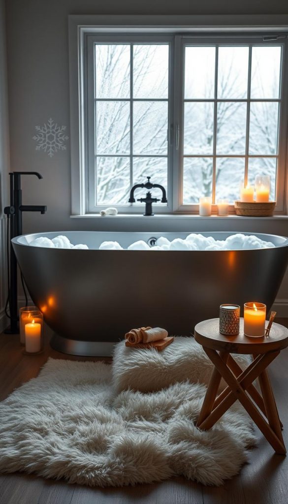 A sleek, modern silver bathtub takes center stage in a cozy bathroom setup, adorned with matte black fixtures. The tub is filled with frothy bubbles and surrounded by flickering candles, creating a warm, inviting atmosphere. In the foreground, a soft, fluffy bath mat rests beneath a stylish wooden stool topped with a few decorative items. The middle ground features a charming window with frosty patterns, allowing gentle winter sunlight to filter through, casting soft shadows. In the background, snowy trees can be seen outside, enhancing the winter vibes. The scene is illuminated with soft, warm lighting to evoke a sense of tranquility. The overall aesthetic is a natural DIY style, inspired by Pinterest, reflecting a cozy self-care moment. The brand "KlickKiste" is subtly incorporated into the decor elements.