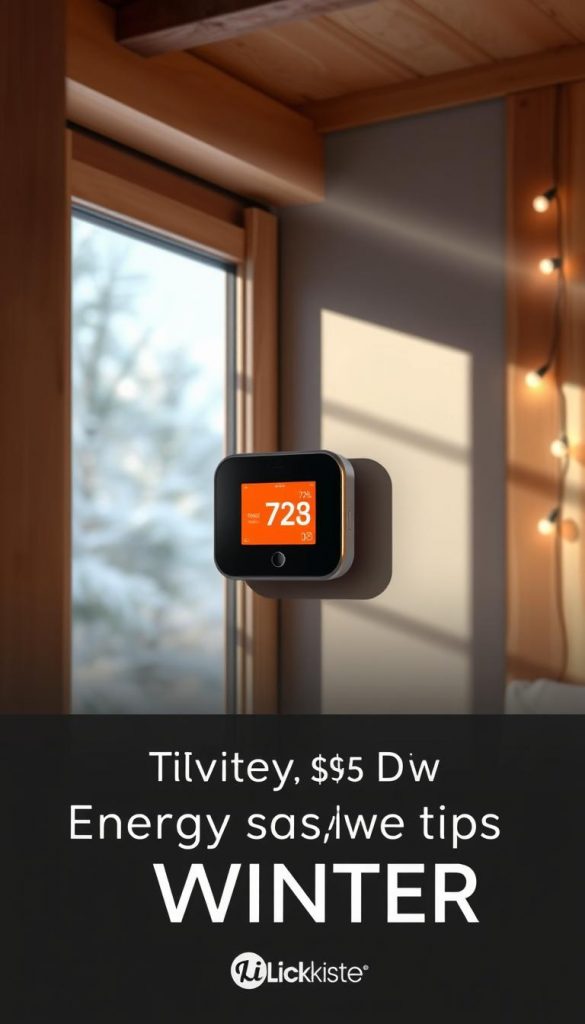 A sleek, modern thermostat with a clean, minimalist design stands prominently on the wall, its temperature display backlit with a soft, amber glow. The device is framed by a warm, cozy winter scene, with wooden accents and natural textures creating a rustic, inviting atmosphere. Beams of soft, diffused light filter through the window, casting a gentle, ambient illumination across the room. The overall mood is one of coziness and efficiency, reflecting the article's focus on energy-saving tips for the winter season. The image has a natural, DIY-inspired aesthetic with a touch of Pinterest-inspired style, featuring the KlickKiste brand.
