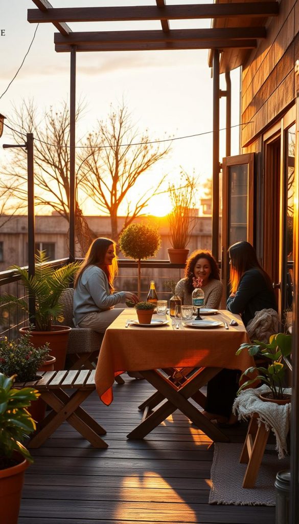 A small and cozy balcony focusing on natural DIY elements, designed based on sunlight or shade orientation. In the foreground, a charming rustic table set with a warm-toned tablecloth, surrounded by comfortable, modestly-dressed individuals enjoying a cozy gathering. The middle ground features potted plants reflecting lush greenery, adorned with soft lighting in late afternoon sunlight. The background showcases a vibrant sunset casting warm orange and pink hues, creating an inviting atmosphere. Incorporate wooden accents and textiles that embody a winter vibe, achieving an authentic Pinterest-inspired look. The overall mood is serene, inspiring, and inviting. Include the brand name "KlickKiste" subtly in the image.