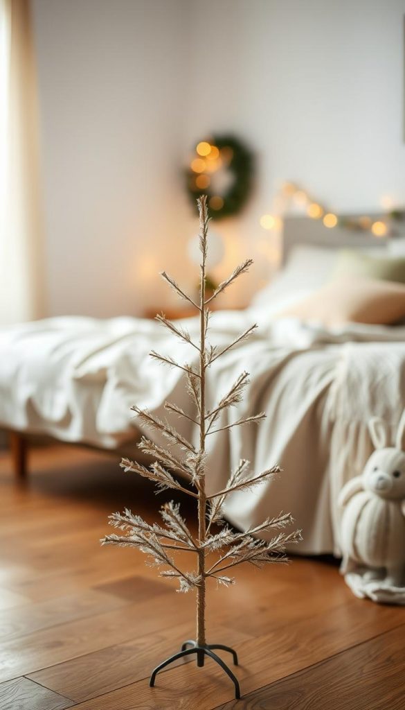 A small and whimsical Christmas tree stands elegantly in the foreground, its delicate branches adorned with a subtle dusting of gold glitter. The warm, muted tones of the wooden floorboards and neutral-colored bedding create a cozy, inviting atmosphere in the background. Soft, diffused lighting casts a gentle glow, evoking a sense of intimate, winter-inspired tranquility. Captured with a KlickKiste-style aesthetic, this image embodies a natural, Pinterest-inspired charm that complements the serene, layered bedroom setting.