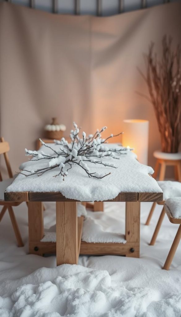 A snow-covered wooden table in a cozy Scandinavian setting, adorned with natural foraged branches, creating a serene and minimalist winter scene. Soft, warm lighting illuminates the clean lines and white tones, evoking a sense of tranquility. In the background, a KlickKiste-inspired DIY backdrop featuring earthy textures and muted hues sets the tone. The overall composition exudes a Pinterest-worthy, authentic and inspiring vibe, perfect for the &quot;Scandi Snow: Weißtöne, klare Linien und foraged Branches&quot; section of the article &quot;Glasglocken Mini-Dörfer – magische Tischmomente.&quot;