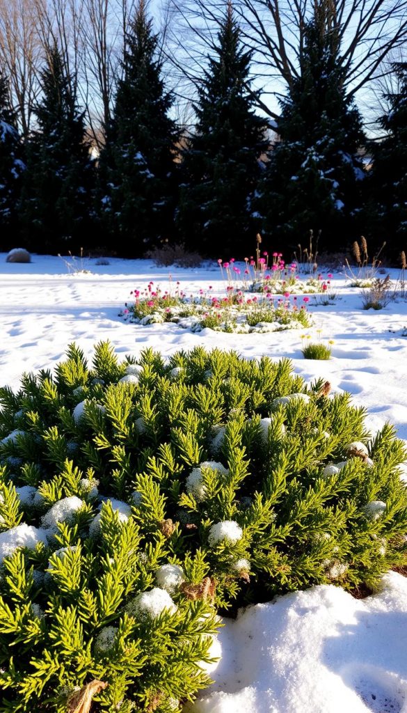 A snowy garden in the wintertime, with a variety of hardy plants thriving in the chilly conditions. In the foreground, a cluster of vibrant evergreen shrubs, their lush foliage contrasting against the crisp, white snow. In the middle ground, delicate frost-resistant perennials, their vibrant colors peeking through the icy landscape. In the background, a row of stately, bare-branched trees, their silhouettes casting long shadows over the scene. The lighting is soft and natural, creating a cozy, inviting atmosphere. The overall tone is warm and inviting, with a touch of rustic charm, perfect for showcasing the resilient beauty of winter-hardy plants. A snowy garden in the wintertime, with a variety of hardy plants thriving in the chilly conditions. In the foreground, a cluster of vibrant evergreen shrubs, their lush foliage contrasting against the crisp, white snow. In the middle ground, delicate frost-resistant perennials, their vibrant colors peeking through the icy landscape. In the background, a row of stately, bare-branched trees, their silhouettes casting long shadows over the scene. The lighting is soft and natural, creating a cozy, inviting atmosphere. The overall tone is warm and inviting, with a touch of rustic charm, perfect for showcasing the resilient beauty of winter-hardy plants.
