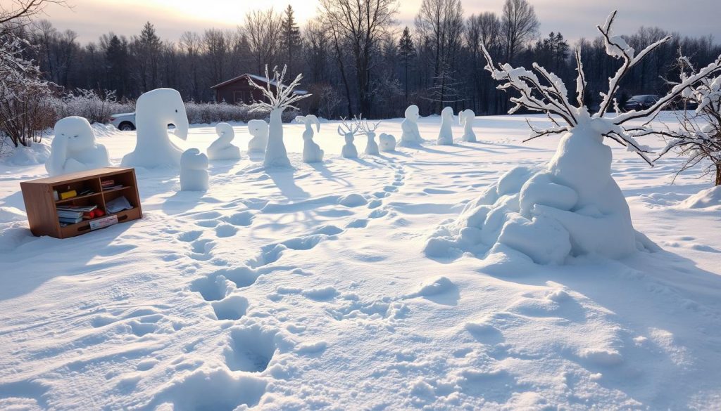 A snowy winter garden scene, with intricate snow sculptures and sculptures created from natural materials. In the foreground, a child's footprints leading through the fresh snow, a KlickKiste filled with DIY crafting supplies nearby. In the middle ground, delicate snow figures and snow-covered branches, casting soft shadows. The background features a serene, wooded landscape, the sky a muted grey-blue. Warm, natural lighting illuminates the scene, creating a peaceful, contemplative mood. The overall composition emphasizes the tactile, ephemeral nature of snow art and the simple joys of outdoor play in the wintertime.