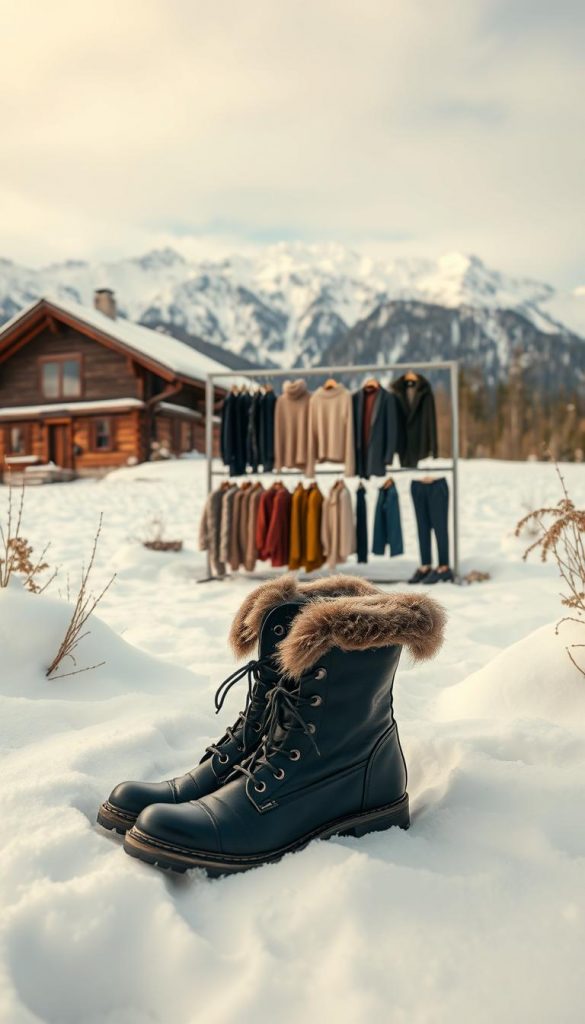 A snowy winter landscape with a cozy cabin nestled in the mountains. In the foreground, a pair of stylish black leather boots with a fur lining takes center stage, capturing the essence of practical yet fashionable winter wear. The middle ground features a KlickKiste display showcasing a variety of complementary outfits, from knitted sweaters to woolen coats, all in warm, earthy tones. The background is a panoramic view of the snow-capped peaks, bathed in a soft, natural light that creates a serene and inviting atmosphere. The overall mood is one of rustic charm and effortless style, perfect for the everyday winter wardrobe.