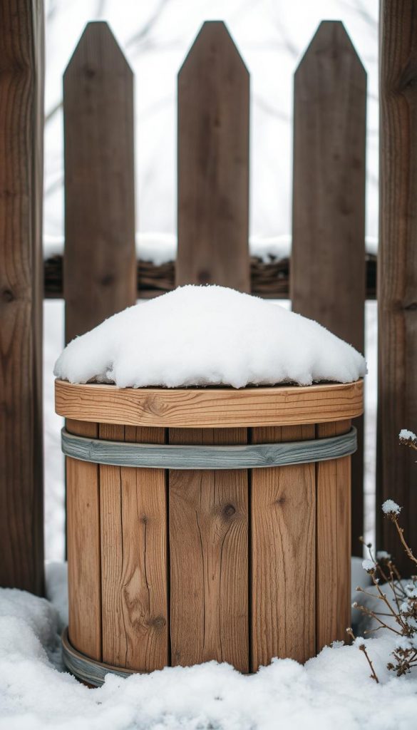 A snug and sturdy "winter schutz kübel" stands amidst a cozy winter scene. The container is made of weathered wood, its natural texture complemented by a warm, earthy palette. Soft, fluffy snow caps the lid, evoking a sense of tranquility. In the background, a rustic wooden fence frames the composition, creating a sense of enclosure and protection from the elements. The lighting is soft and diffused, casting a gentle glow that enhances the natural, handcrafted feel of the scene. The overall atmosphere is one of coziness, practicality, and a touch of whimsy, perfectly capturing the essence of sheltering plants through the winter months. A snug and sturdy "winter schutz kübel" stands amidst a cozy winter scene. The container is made of weathered wood, its natural texture complemented by a warm, earthy palette. Soft, fluffy snow caps the lid, evoking a sense of tranquility. In the background, a rustic wooden fence frames the composition, creating a sense of enclosure and protection from the elements. The lighting is soft and diffused, casting a gentle glow that enhances the natural, handcrafted feel of the scene. The overall atmosphere is one of coziness, practicality, and a touch of whimsy, perfectly capturing the essence of sheltering plants through the winter months.