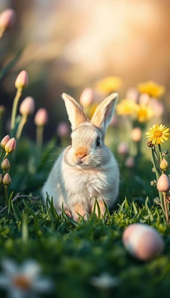 A soft and delicate bunny sits gently in a serene spring garden, surrounded by budding flowers in pastel hues of pink and yellow. The foreground features the bunny with lush green grass beneath its paws, showcasing its fluffy fur glistening in gentle sunlight. In the middle, a playful arrangement of small, natural Easter decorations—such as simple wooden eggs and sprigs of fresh foliage—enhances the scene without overwhelming it. The background comprises a softly blurred, sunlit garden, casting a warm, inviting glow, evoking a cozy, tranquil atmosphere. Shot with a 50mm lens, the image captures a shallow depth of field, emphasizing the bunny while allowing the background to recede into a pleasant blur. This composition reflects the natural, DIY aesthetics of "KlickKiste," embodying an inspiring and authentic early spring decor vibe.
