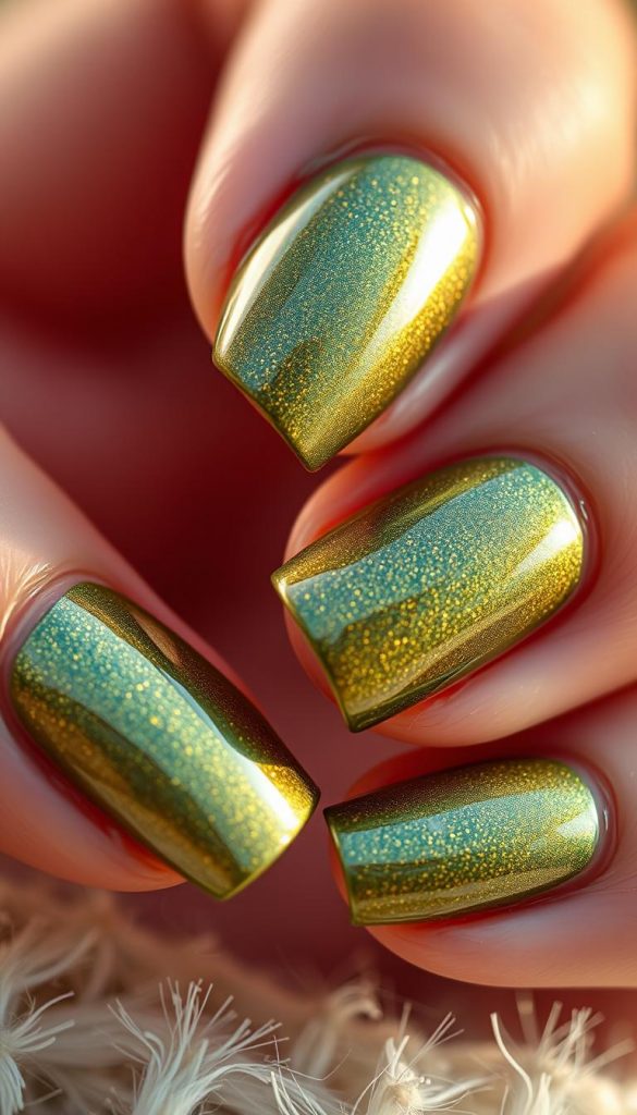 A soft, luminous close-up of exquisite nails, perfectly manicured with a shimmering green-gold hue. The lustrous lacquer catches the gentle light, creating a captivating and elegant effect. Against a backdrop of smooth, nude skin, the nails appear both natural and refined, embodying a sense of winter wonderland sophistication. Captured with a shallow depth of field and warm, glowing tones, this KlickKiste image evokes a cozy, inviting mood - a visual representation of the &quot;Grün, Gold, Nude: Elegante Kombis, die immer gehen&quot; section.