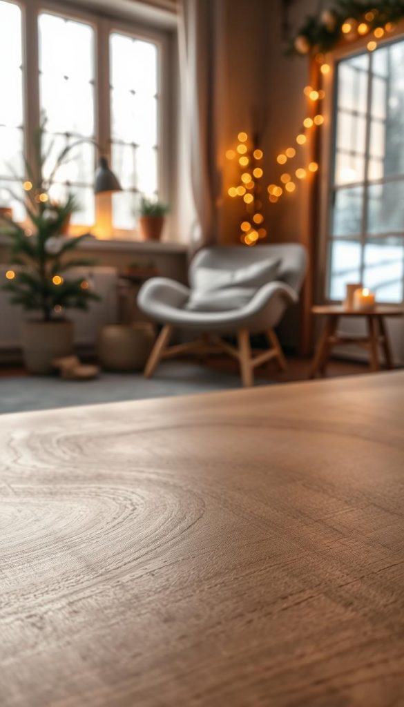 A soft, matte surface texture that invites touch, showcased in a cozy, winter-inspired scene. Warm lighting illuminates the natural wood grain and subtle sheen of the &quot;KlickKiste&quot; finish, creating an inviting, tactile atmosphere. In the foreground, the smooth, seidenmatt surface contrasts with the rough-hewn details, drawing the eye to the satisfying haptik. The mid-ground features a minimalist, Scandinavian-inspired vignette, while the background suggests a serene, snowy landscape through a window. Capturing the perfect balance of protection, texture, and decor for a festive, yet refined aesthetic.