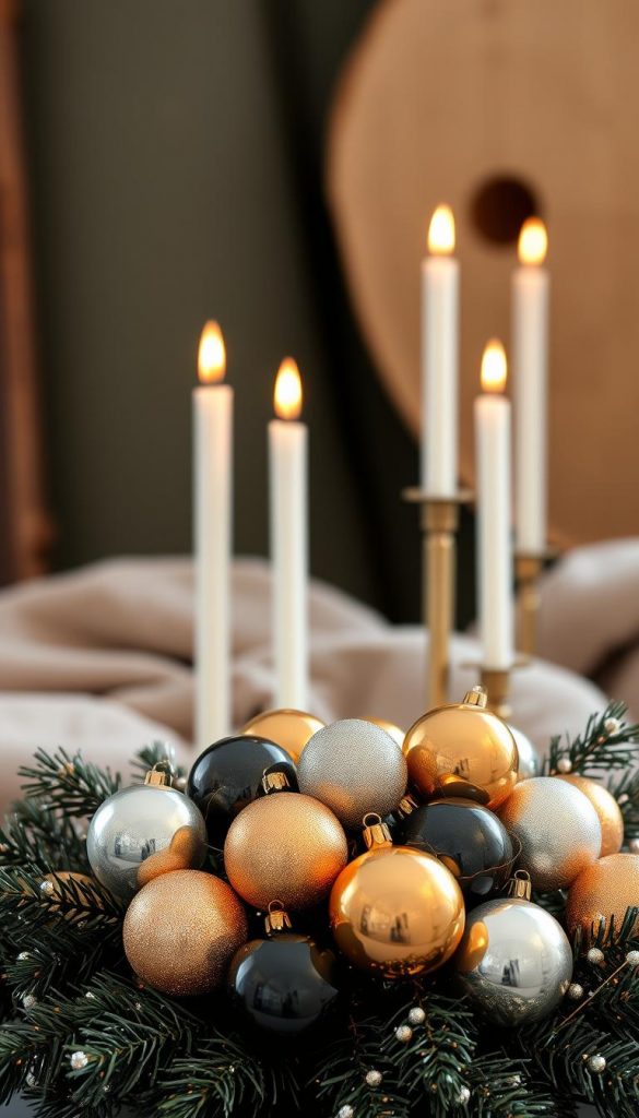 A sophisticated Silvester decor arrangement, featuring a striking mix of classic elegance and modern refinement. In the foreground, a cluster of metallic ornaments in shimmering gold, silver, and black tones creates a captivating focal point. The middle ground showcases a minimalist, yet impactful display of taper candles, their warm glow casting a cozy, intimate ambiance. In the background, a subtle interplay of soft textures, such as plush velvet and rustic wood, adds depth and visual interest. The overall composition evokes a sense of timeless sophistication, perfect for celebrating the new year in style. A sophisticated Silvester decor arrangement, featuring a striking mix of classic elegance and modern refinement. In the foreground, a cluster of metallic ornaments in shimmering gold, silver, and black tones creates a captivating focal point. The middle ground showcases a minimalist, yet impactful display of taper candles, their warm glow casting a cozy, intimate ambiance. In the background, a subtle interplay of soft textures, such as plush velvet and rustic wood, adds depth and visual interest. The overall composition evokes a sense of timeless sophistication, perfect for celebrating the new year in style.