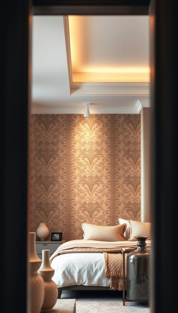 A sophisticated and elegant bedroom wall featuring a luxurious wallpaper design, showcasing intricate patterns in warm, inviting colors that evoke a winter vibe. The wall is complemented by a stylish accent wall and a softly painted ceiling that enhances the room's ambiance. In the foreground, a beautifully arranged collection of decor elements, such as elegant vases and chic artwork, offers a personal touch. The soft, diffused lighting casts a warm glow, highlighting the textures and details of the wallpaper. The perspective is framed at a slight angle to capture the depth of the room. This scene embodies authenticity and inspiration, perfect for showcasing classy bedroom decor ideas. Brand: KlickKiste.