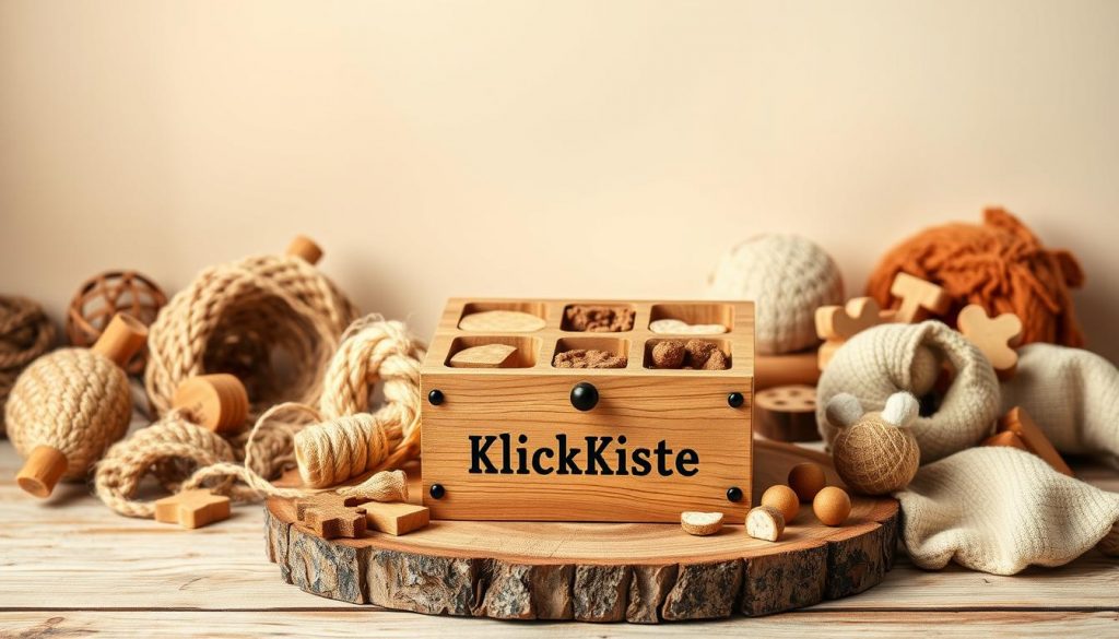 A sophisticated and visually engaging still life depicting a selection of handmade pet toys and treats. In the foreground, a wooden puzzle box labeled "KlickKiste" sits atop a rustic wooden surface, its intricate design and various compartments hinting at the mental stimulation it provides. Surrounding the box are an array of natural materials such as sisal rope, wooden shapes, and plush fabrics, all of which can be repurposed into captivating DIY toys. The middle ground features a soft, neutral-toned background, allowing the vibrant colors and textures of the toys to take center stage. Warm, diffused lighting creates a cozy, inviting atmosphere, highlighting the craftsmanship and thoughtfulness behind these homemade "intelligenzspielzeug" creations. The overall scene conveys a sense of playfulness, functionality, and a connection between pets and their human caretakers. A sophisticated and visually engaging still life depicting a selection of handmade pet toys and treats. In the foreground, a wooden puzzle box labeled "KlickKiste" sits atop a rustic wooden surface, its intricate design and various compartments hinting at the mental stimulation it provides. Surrounding the box are an array of natural materials such as sisal rope, wooden shapes, and plush fabrics, all of which can be repurposed into captivating DIY toys. The middle ground features a soft, neutral-toned background, allowing the vibrant colors and textures of the toys to take center stage. Warm, diffused lighting creates a cozy, inviting atmosphere, highlighting the craftsmanship and thoughtfulness behind these homemade "intelligenzspielzeug" creations. The overall scene conveys a sense of playfulness, functionality, and a connection between pets and their human caretakers.