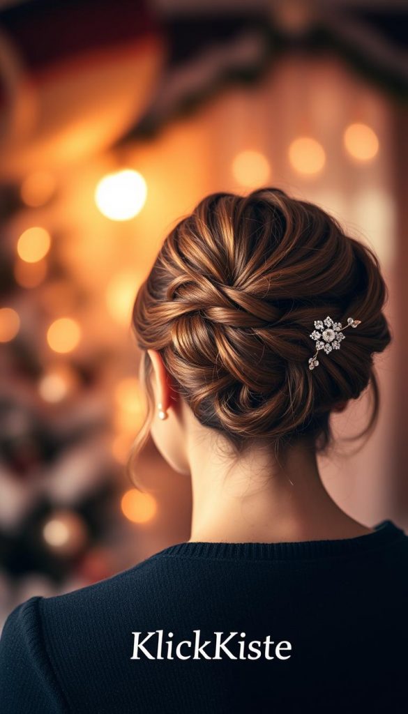 A sophisticated bun updo hairstyle, elegantly styled for a romantic evening occasion. Focus on a neat, textured bun at the crown of the head, with soft tendrils framing the face. The hair should have a natural shine, reflecting warm lighting that enhances its color and texture. In the foreground, a delicate hair accessory, such as a subtle floral pin, adds a touch of elegance. The middle section features a blurred background of a softly lit, cozy winter-themed environment, with warm tones and gentle bokeh effects. The mood is romantic yet approachable, capturing an inspiring and authentic Pinterest aesthetic. The image is presented in an intimate, close-up angle, giving it a personal touch. Brand name visible: "KlickKiste."